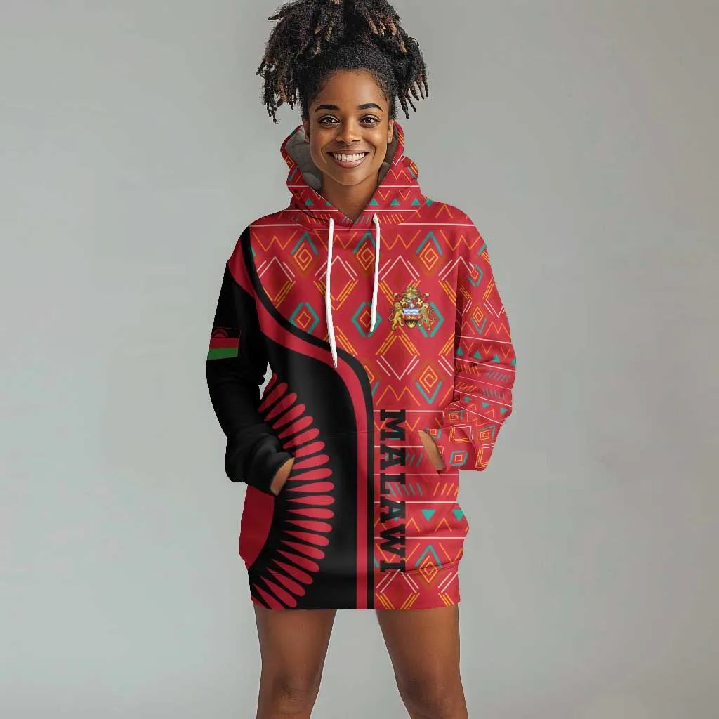 Malawi Patterns African Hoodie Dress Blended with Flag Colors and National Emblem TS04