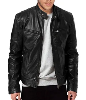 Men's Black Leather Biker Jacket, L