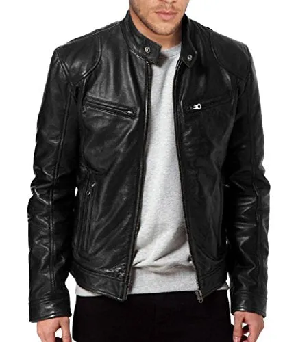Men's Black Leather Biker Jacket, L