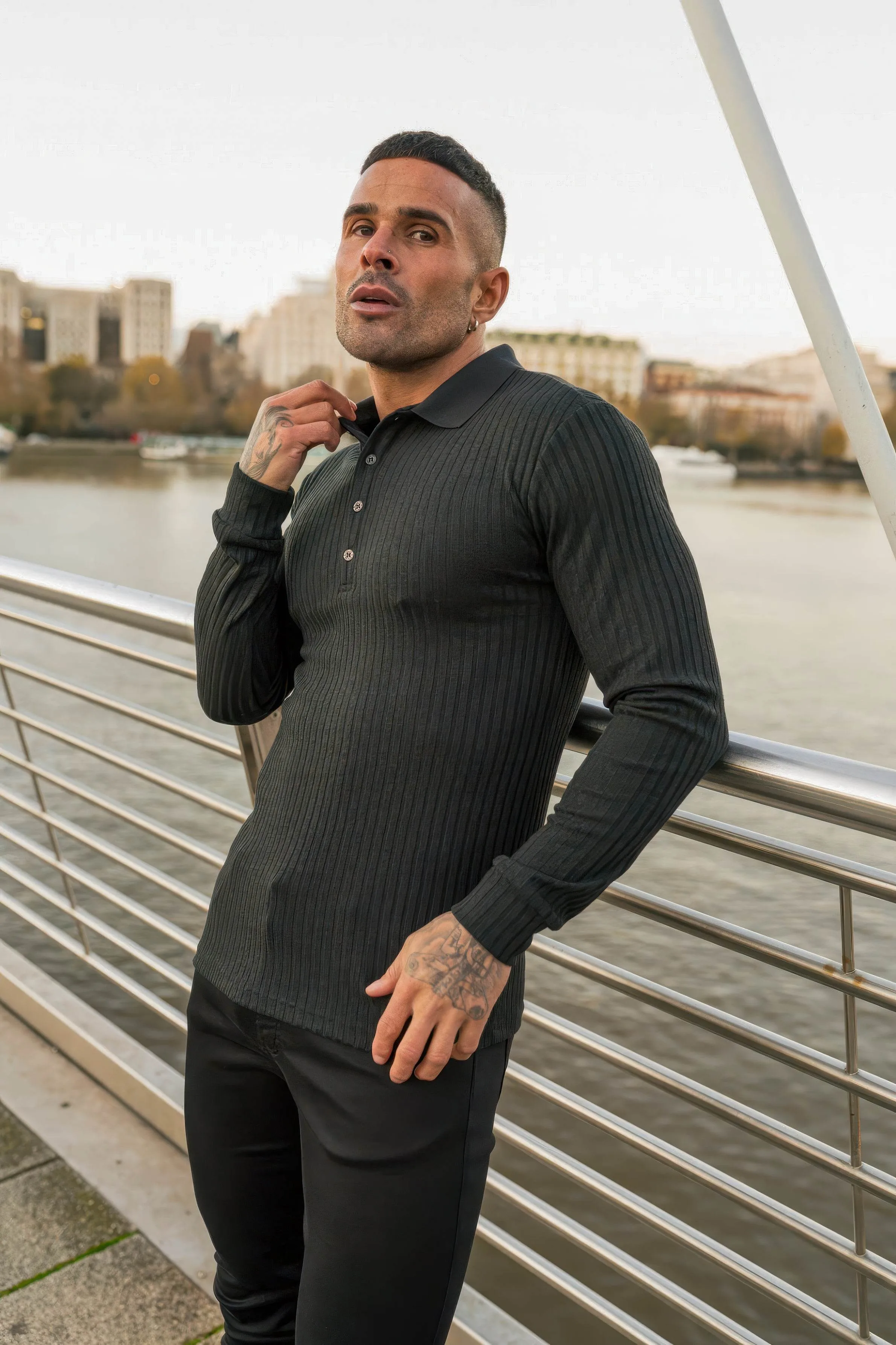 Men's Knit Polo Shirt - Muscle Fit Striped Long Sleeve Top
