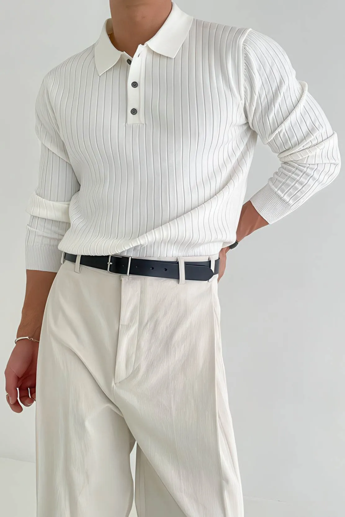 Men's Knit Polo Shirt - Muscle Fit Striped Long Sleeve Top