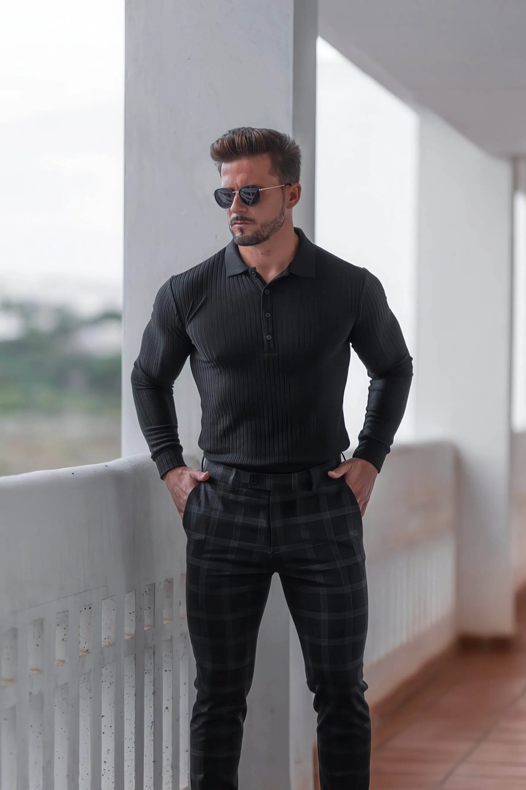 Men's Knit Polo Shirt - Muscle Fit Striped Long Sleeve Top