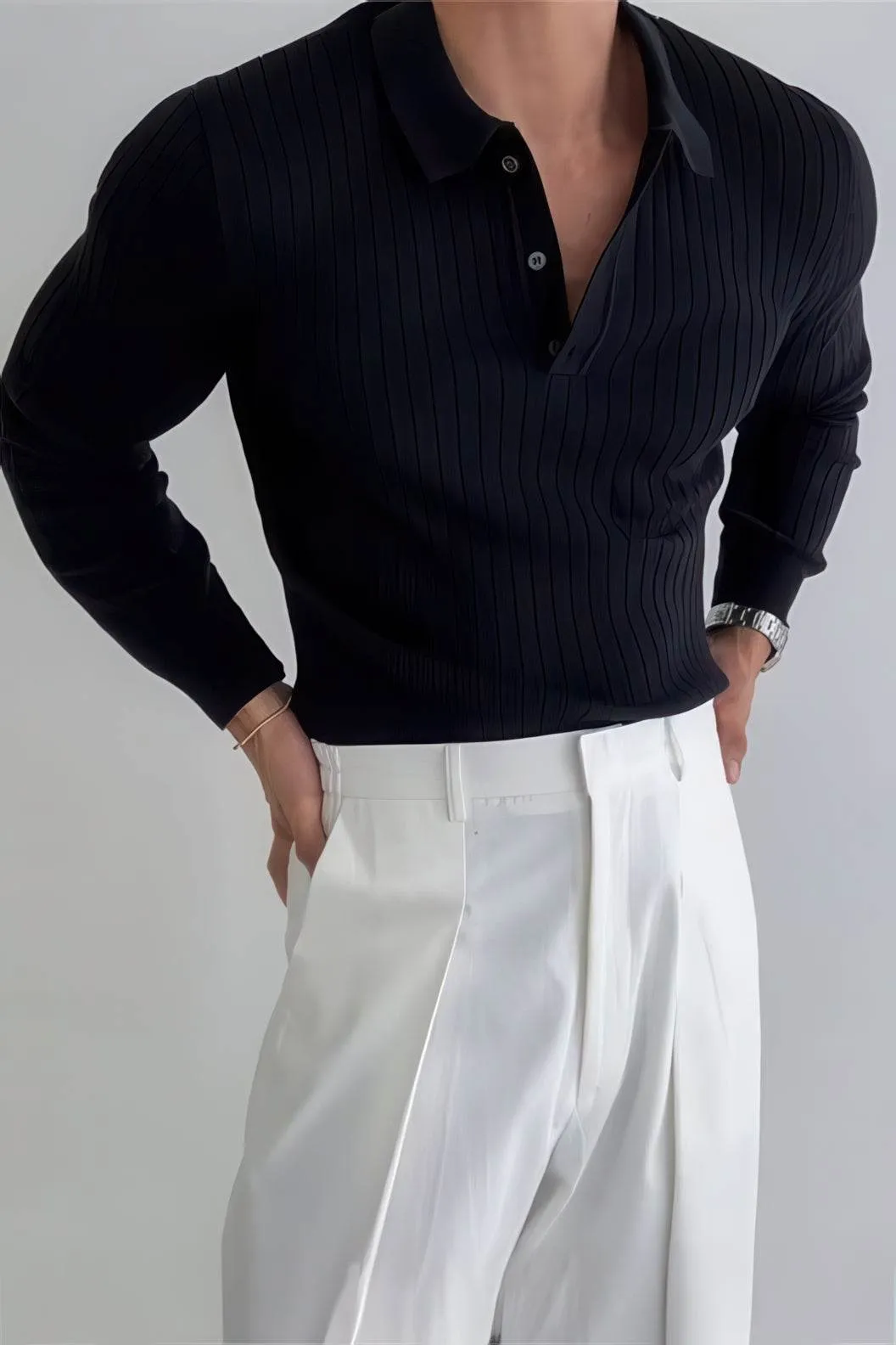 Men's Knit Polo Shirt - Muscle Fit Striped Long Sleeve Top