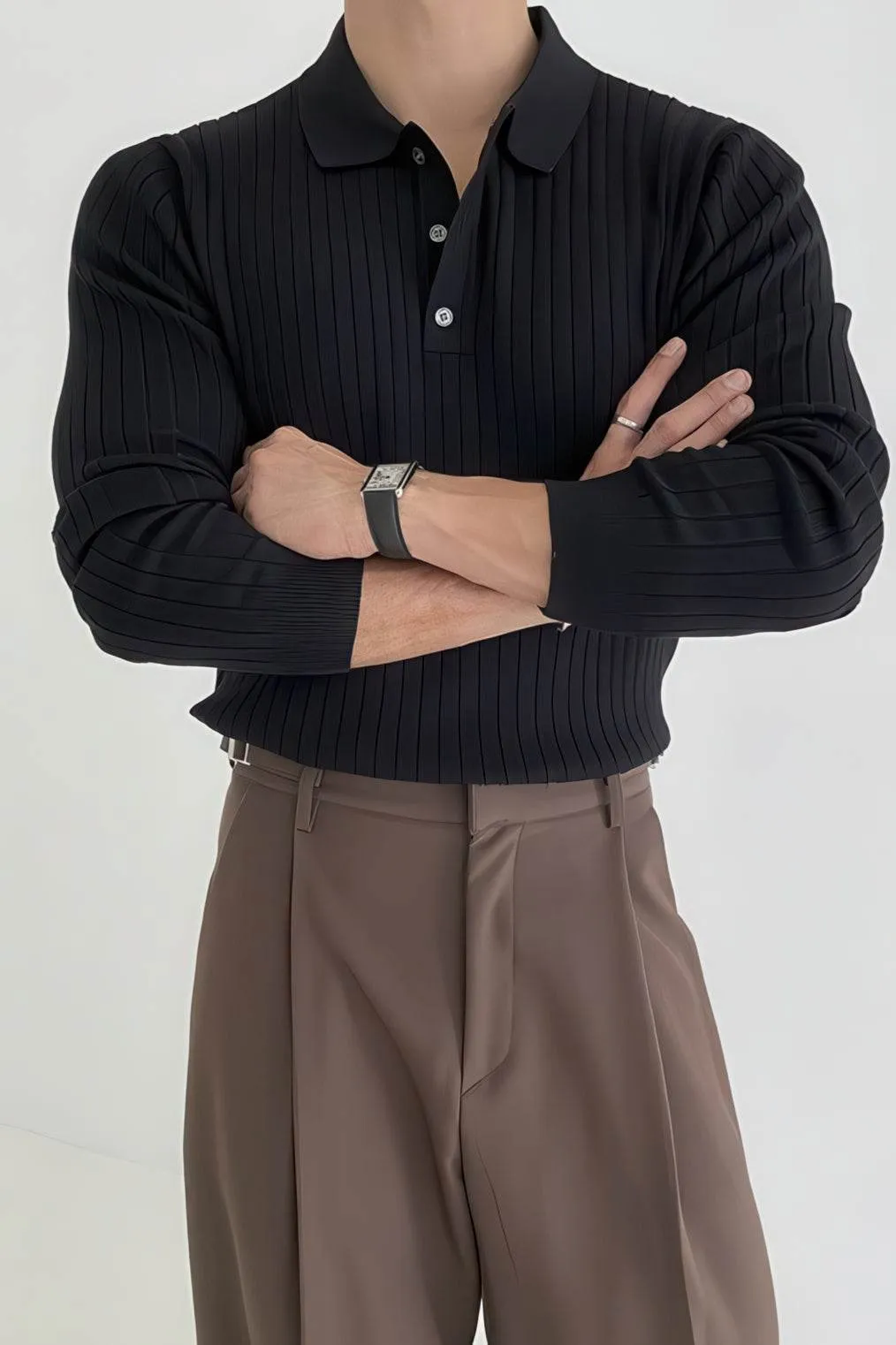 Men's Knit Polo Shirt - Muscle Fit Striped Long Sleeve Top