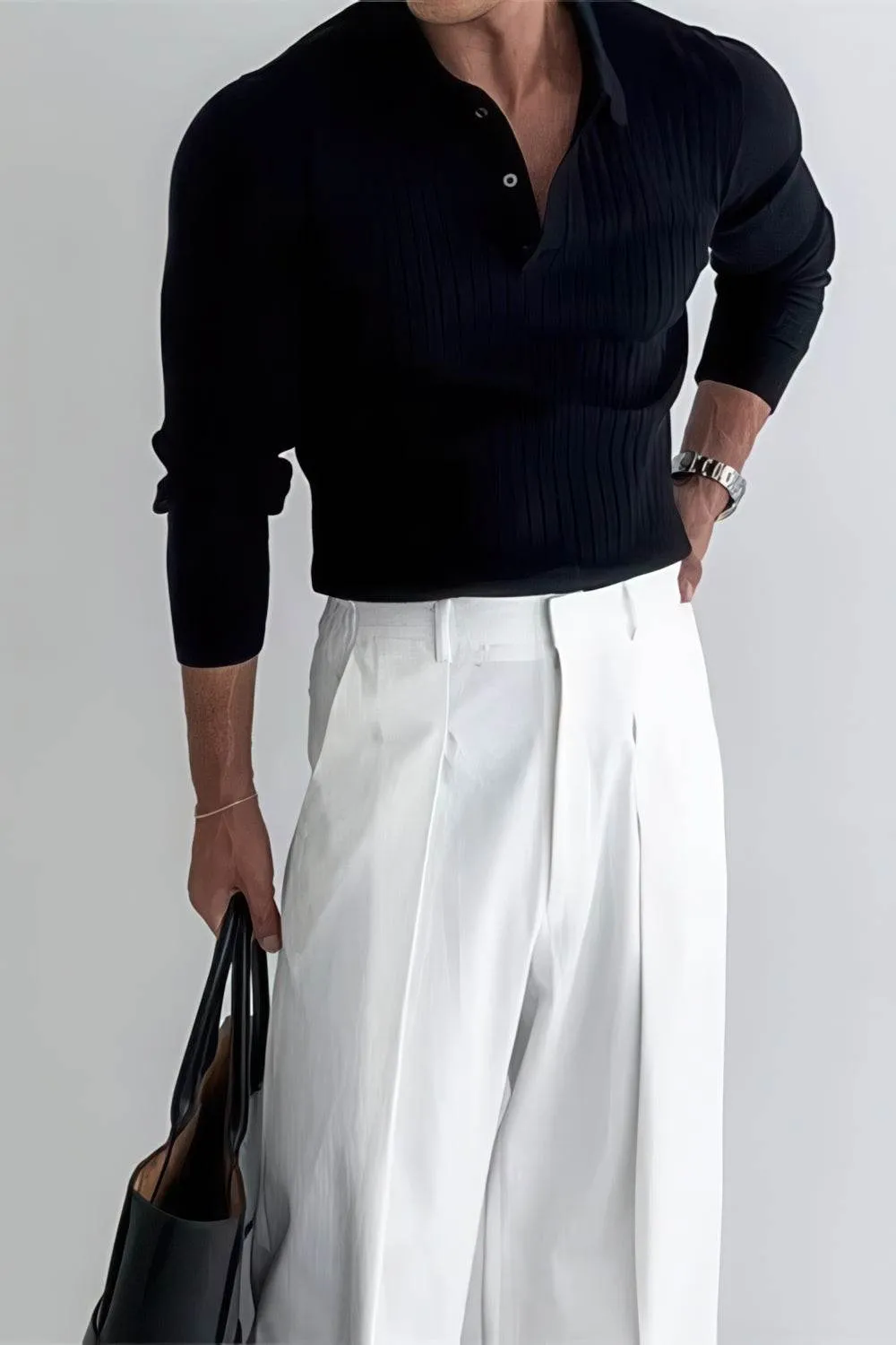 Men's Knit Polo Shirt - Muscle Fit Striped Long Sleeve Top