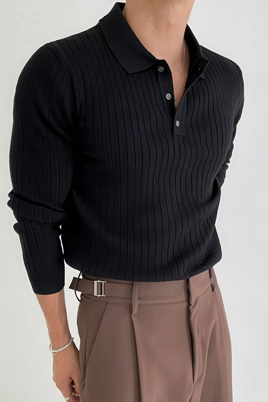 Men's Knit Polo Shirt - Muscle Fit Striped Long Sleeve Top