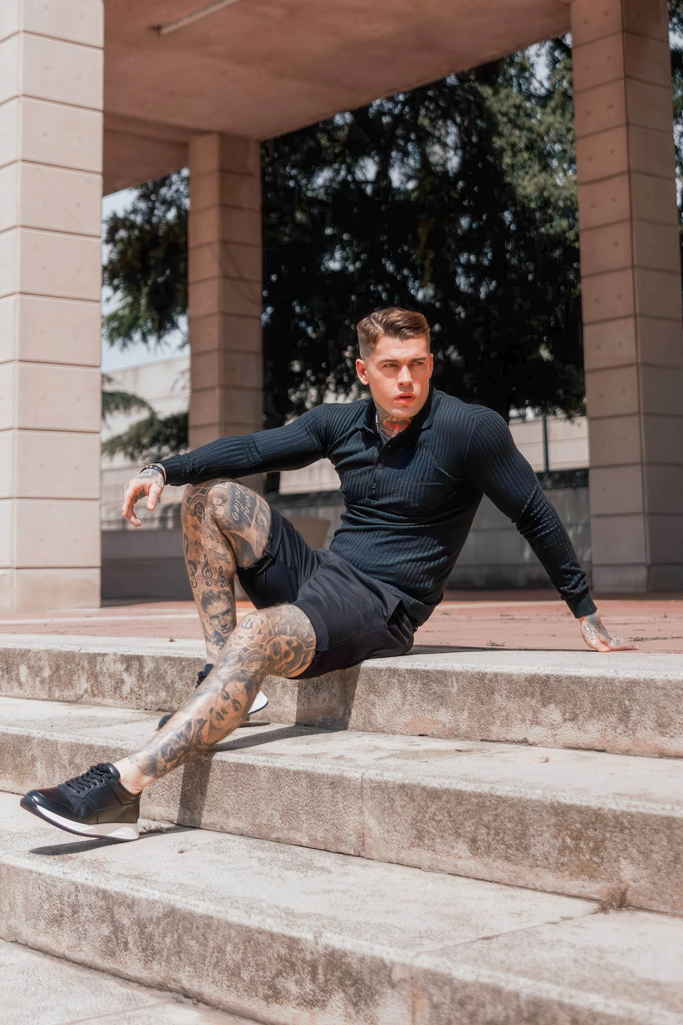 Men's Knit Polo Shirt - Muscle Fit Striped Long Sleeve Top