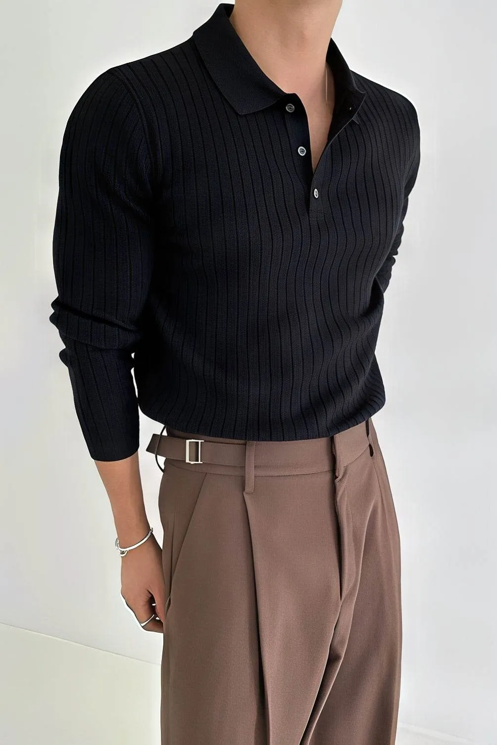 Men's Knit Polo Shirt - Muscle Fit Striped Long Sleeve Top