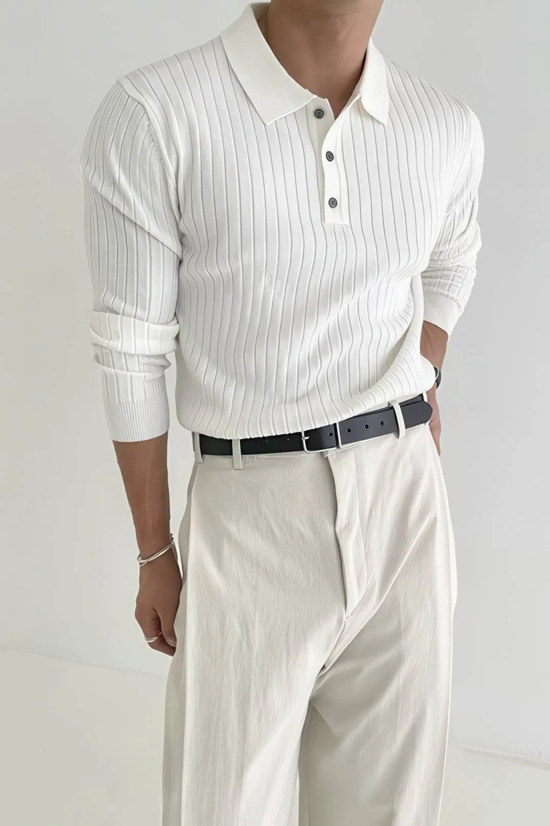 Men's Knit Polo Shirt - Muscle Fit Striped Long Sleeve Top