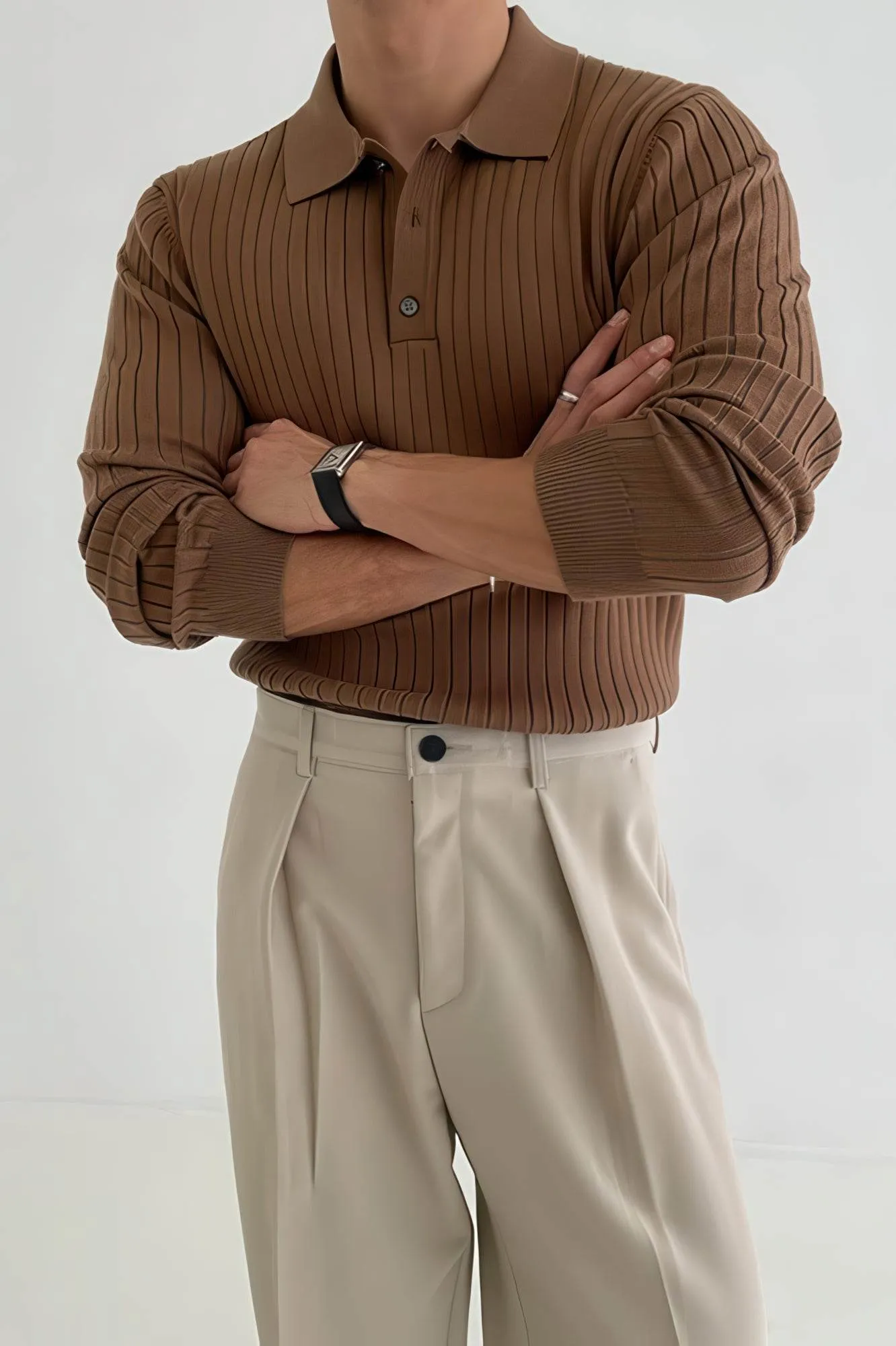 Men's Knit Polo Shirt - Muscle Fit Striped Long Sleeve Top