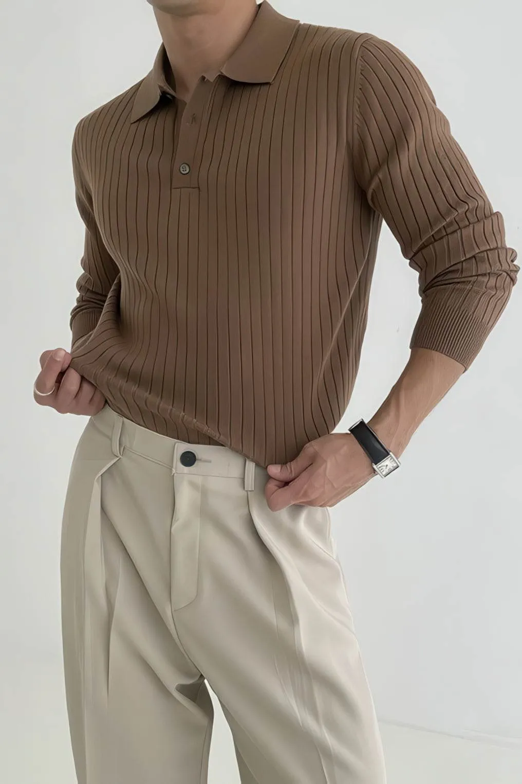 Men's Knit Polo Shirt - Muscle Fit Striped Long Sleeve Top