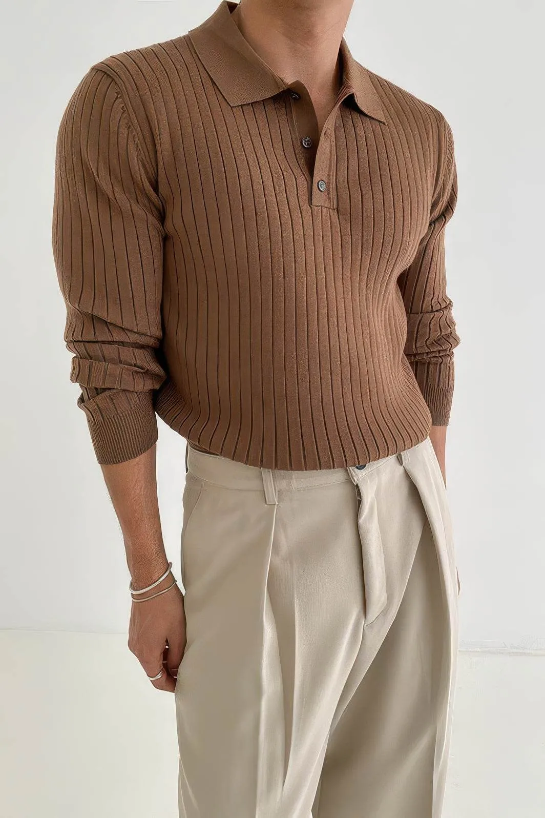 Men's Knit Polo Shirt - Muscle Fit Striped Long Sleeve Top