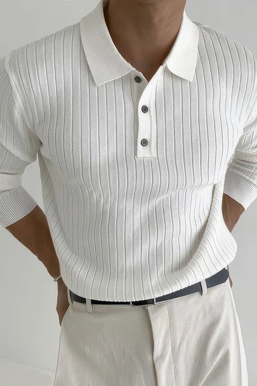 Men's Knit Polo Shirt - Muscle Fit Striped Long Sleeve Top