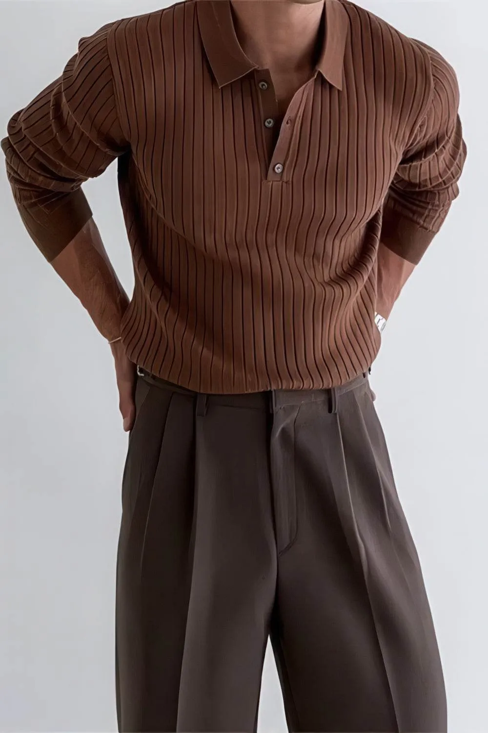 Men's Knit Polo Shirt - Muscle Fit Striped Long Sleeve Top