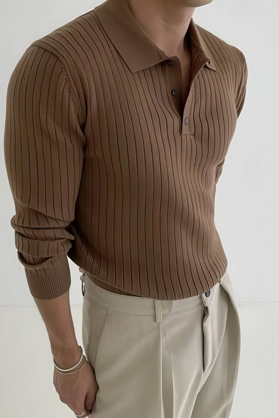 Men's Knit Polo Shirt - Muscle Fit Striped Long Sleeve Top