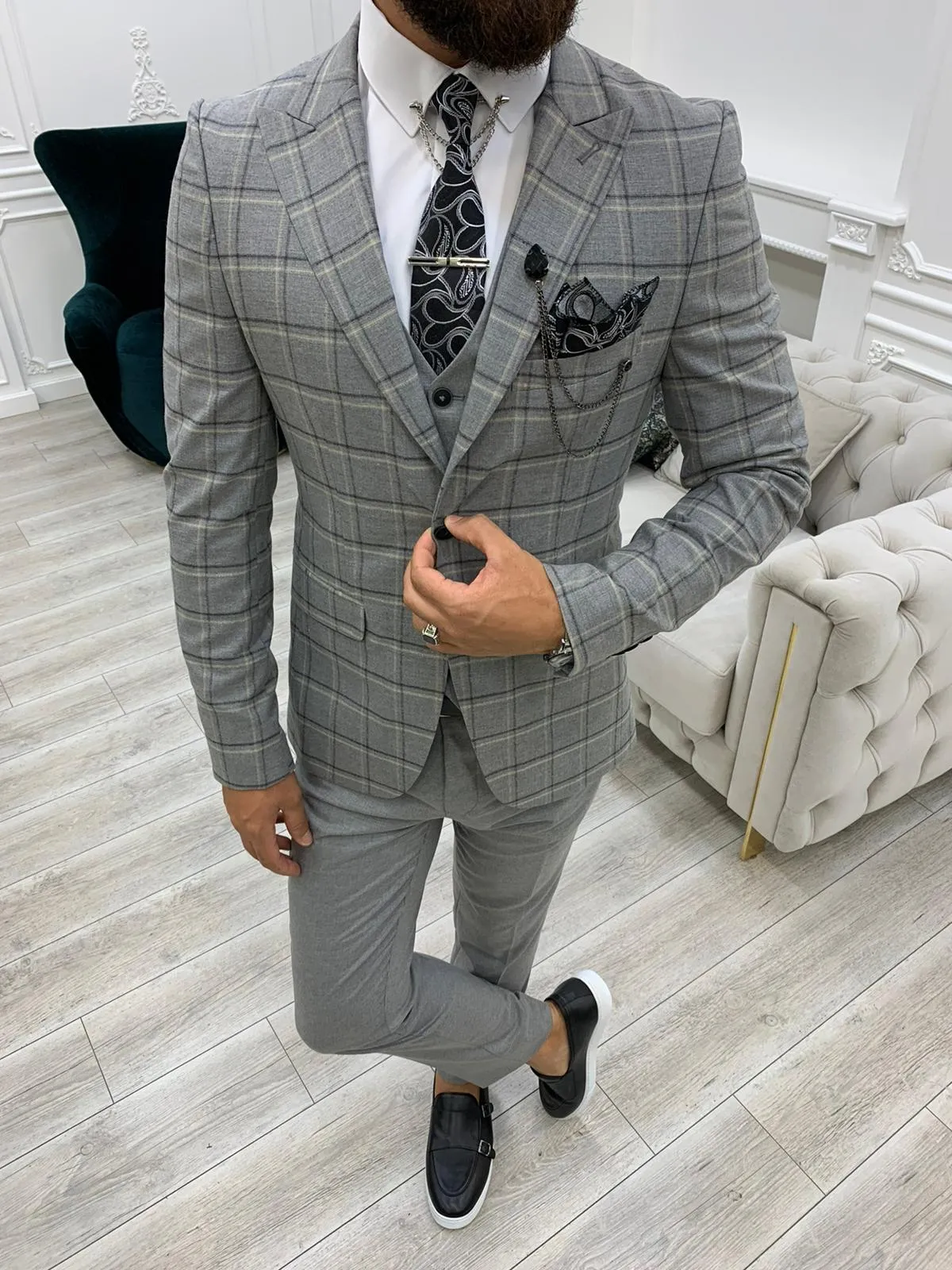 Olympia Dark Gray Slim Fit Peak Lapel Plaid Suit