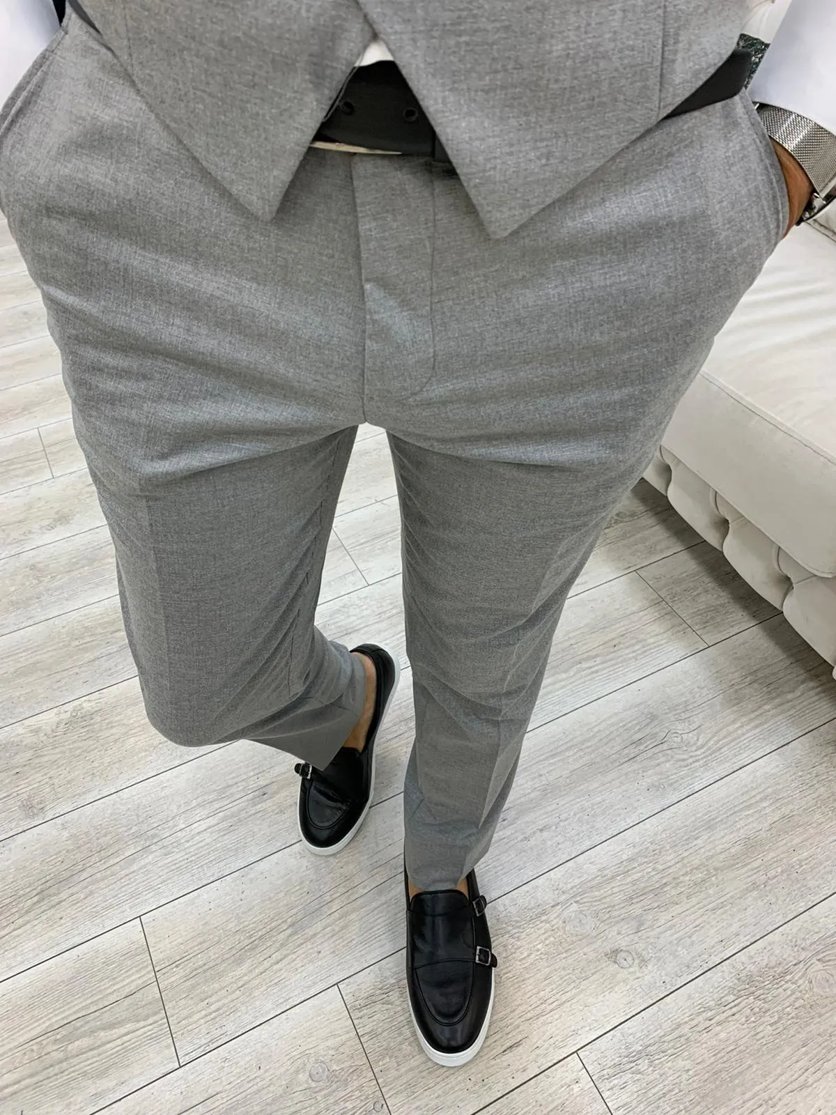 Olympia Dark Gray Slim Fit Peak Lapel Plaid Suit