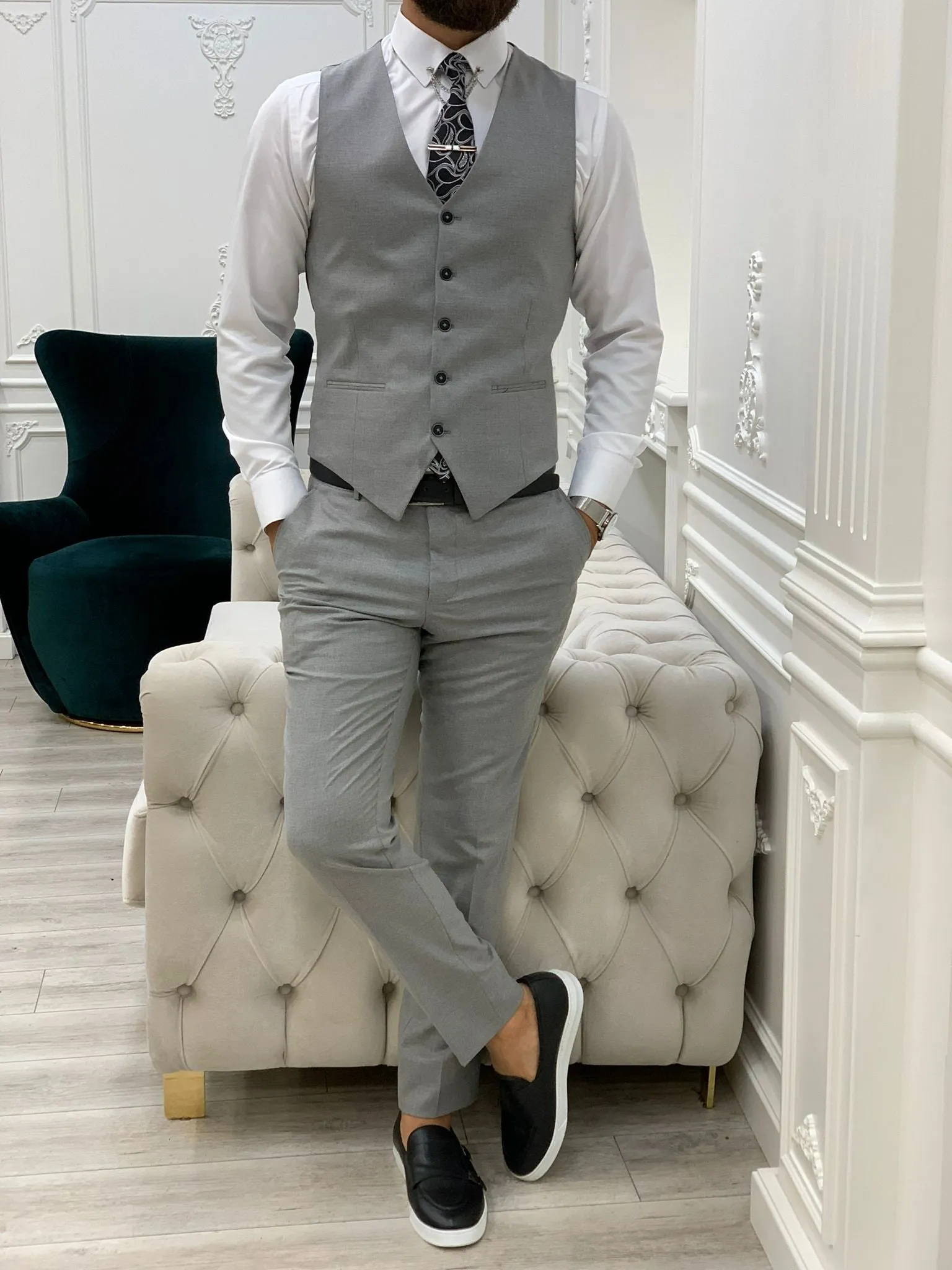 Olympia Dark Gray Slim Fit Peak Lapel Plaid Suit