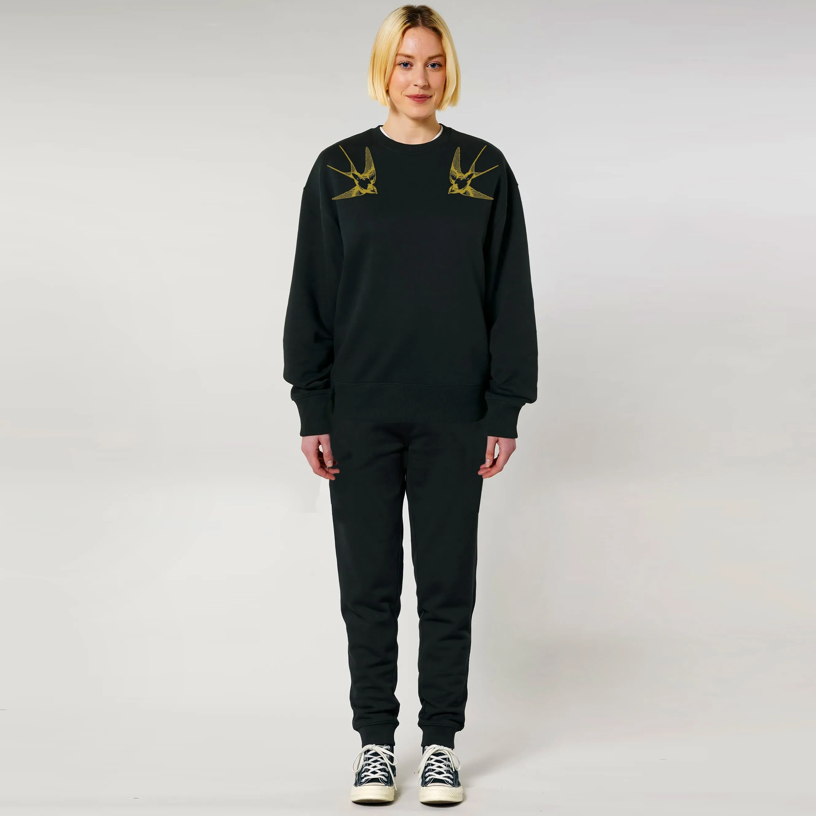 Organic Cotton Unisex Tracksuit | Gold swallows on black