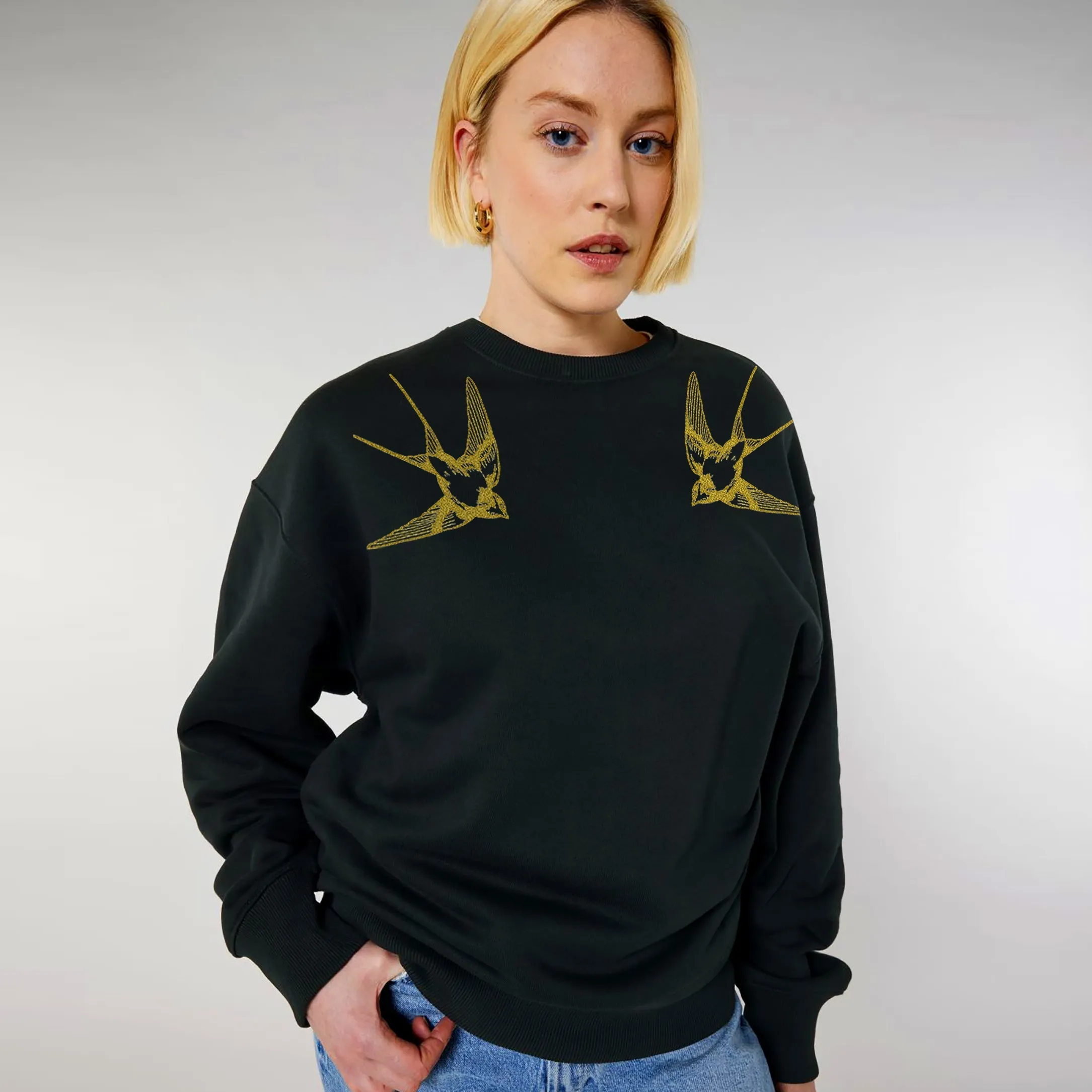 Organic Cotton Unisex Tracksuit | Gold swallows on black