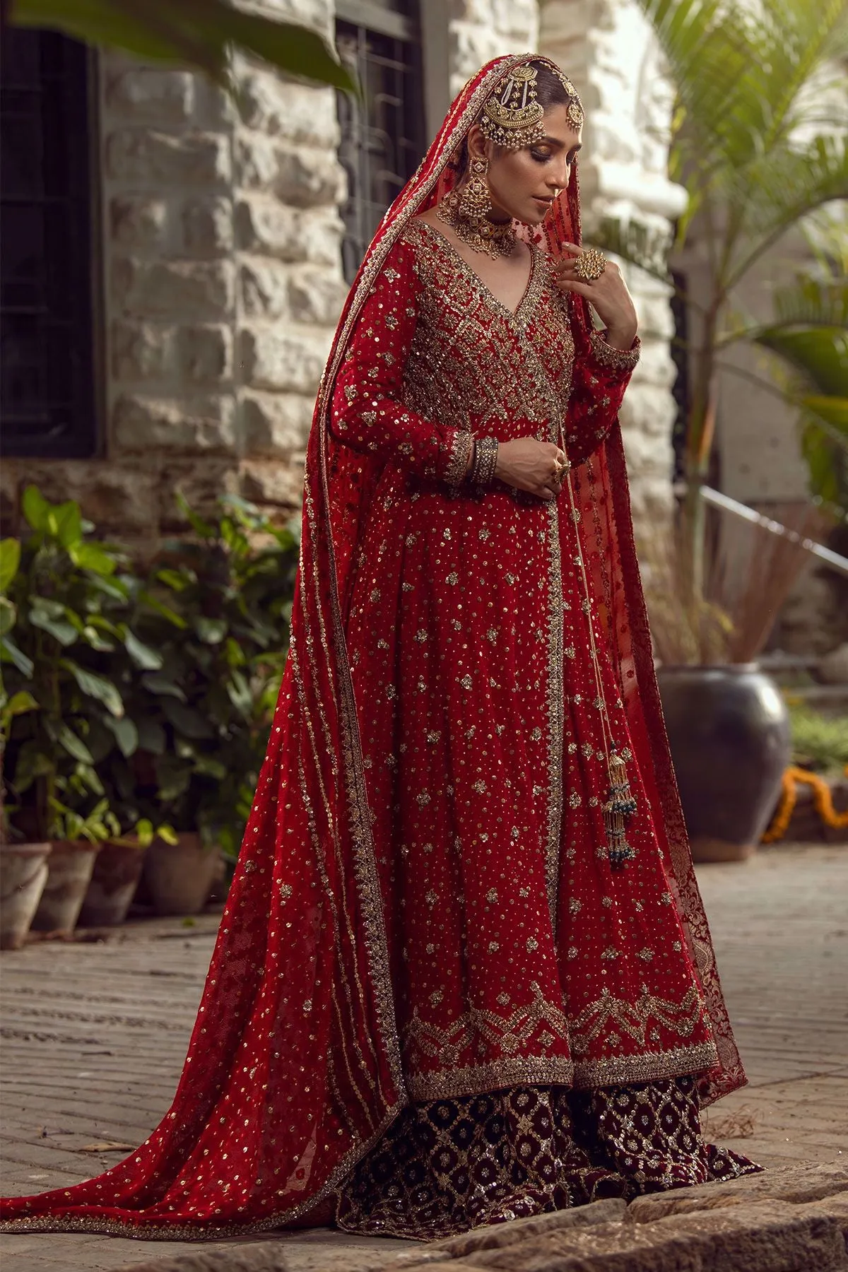 Pakistani Angrakha Bridal Lehnga in Red Color #Y2072