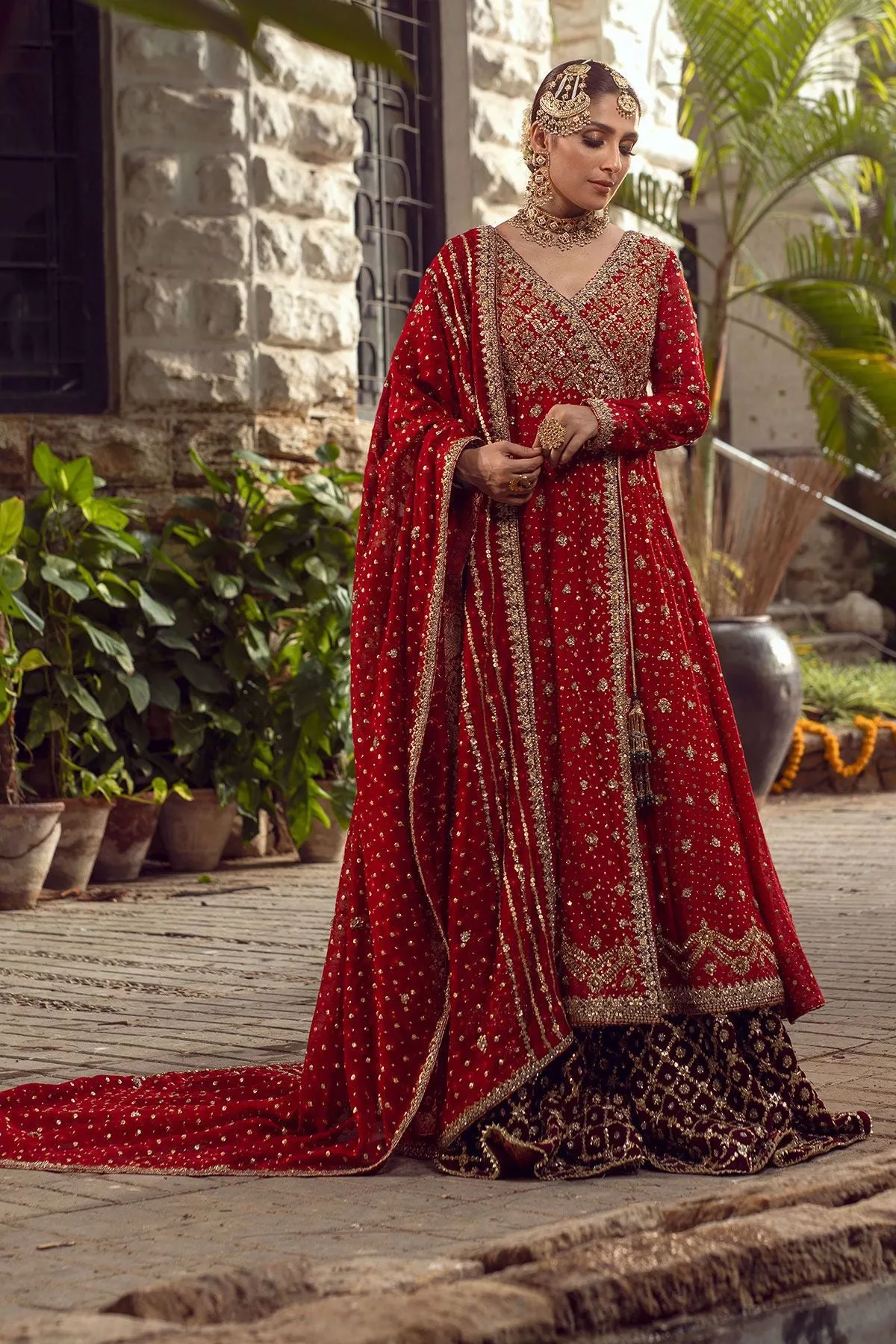 Pakistani Angrakha Bridal Lehnga in Red Color #Y2072