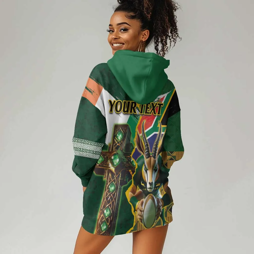Personalized South Africa Versus Ireland Rugby Hoodie Dress - Springbok Mascot, Celtic Cross Design LT03