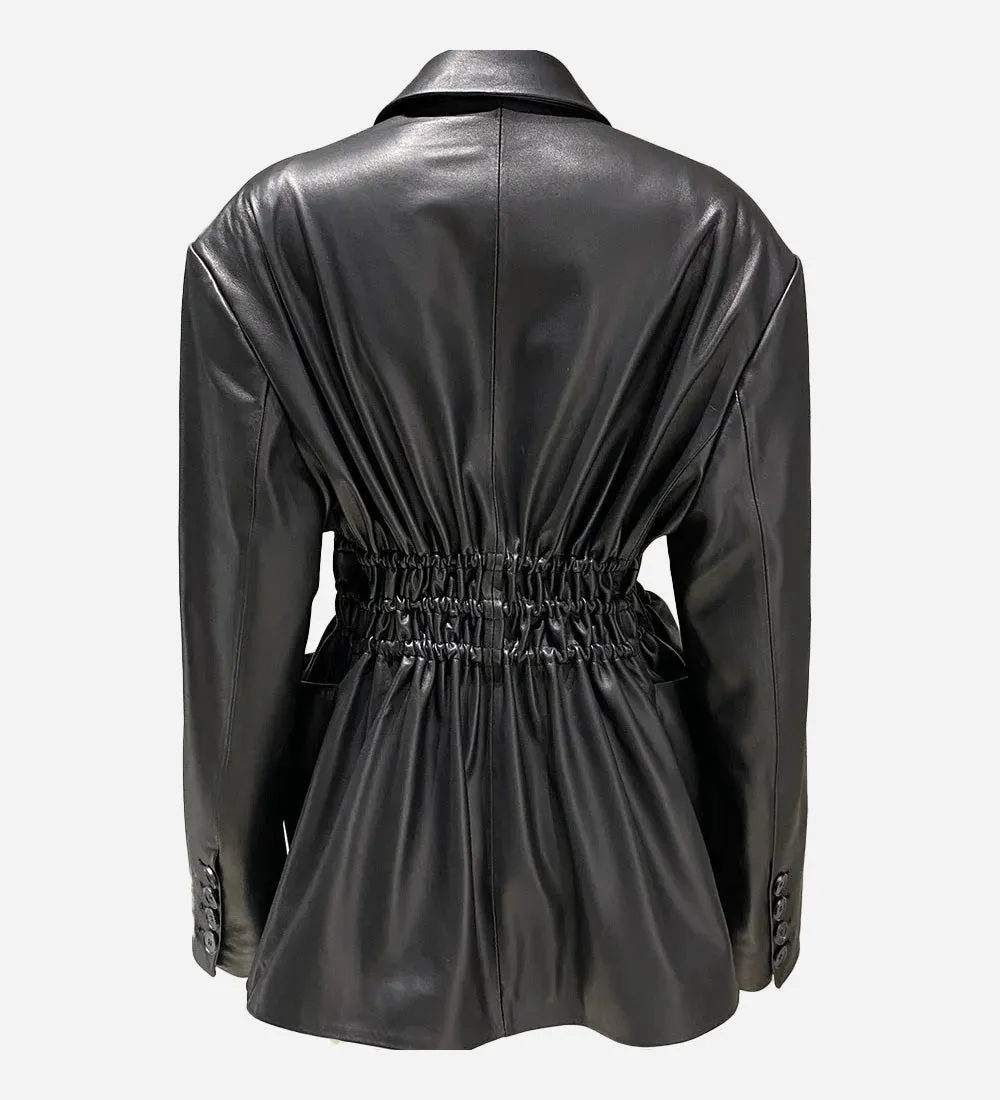 Pleated Waist Leather Jacket