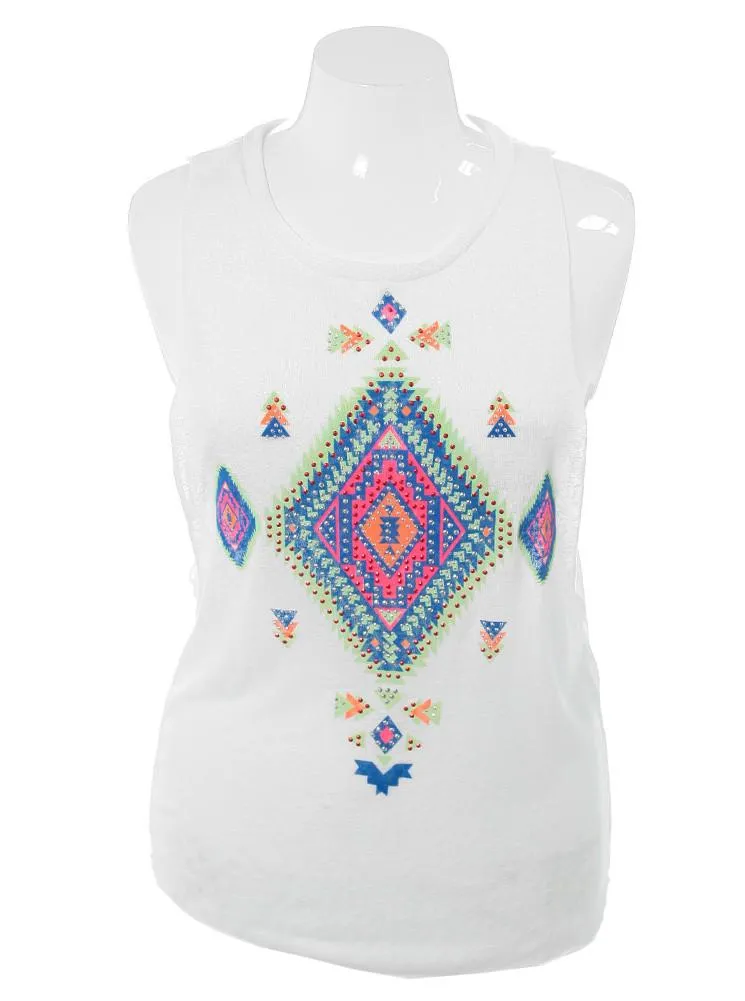 Plus Size Bedazzled Aztec Print Tank