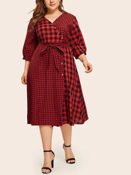 Plus Size Round Neck Red Plaid Stitching Long Belt Shirt Dress