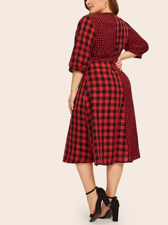 Plus Size Round Neck Red Plaid Stitching Long Belt Shirt Dress