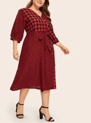 Plus Size Round Neck Red Plaid Stitching Long Belt Shirt Dress