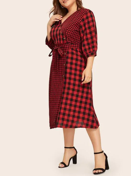 Plus Size Round Neck Red Plaid Stitching Long Belt Shirt Dress