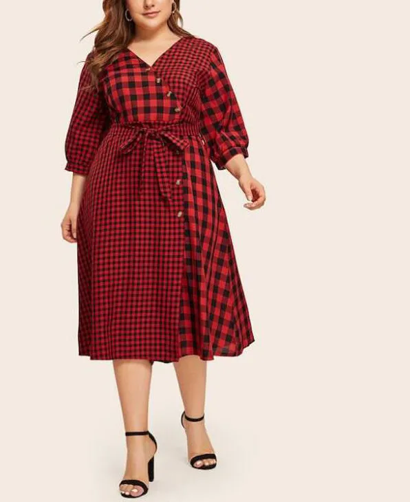 Plus Size Round Neck Red Plaid Stitching Long Belt Shirt Dress