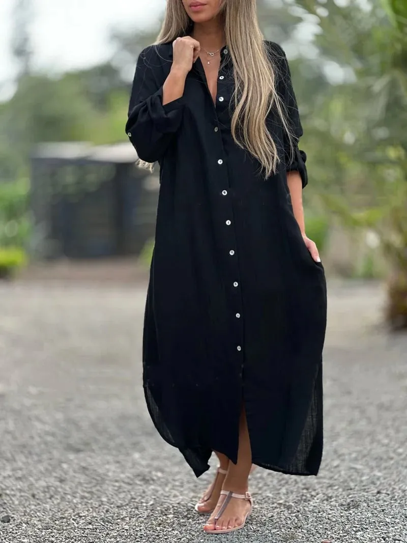 Prisma - Casual shirt dress for women, solid color, button front closure
