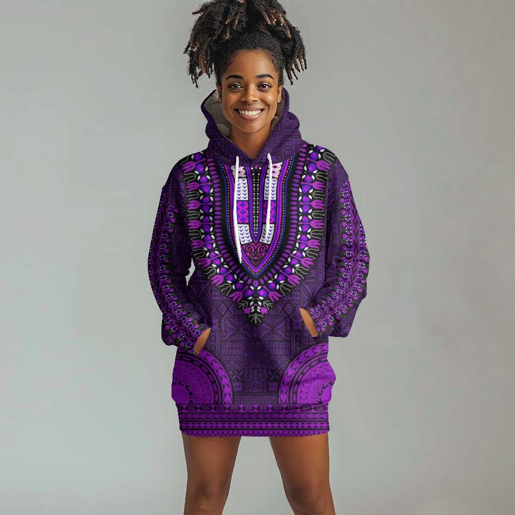 Purple Dashiki and Tapa Pattern Hoodie Dress Africa-Polynesia Together Culture LT9