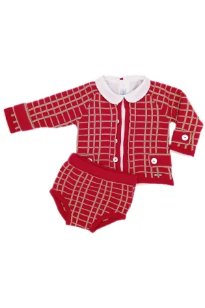 "Alexander" Red & Camel Check Knit Cardigan, Shirt & Jam Pants