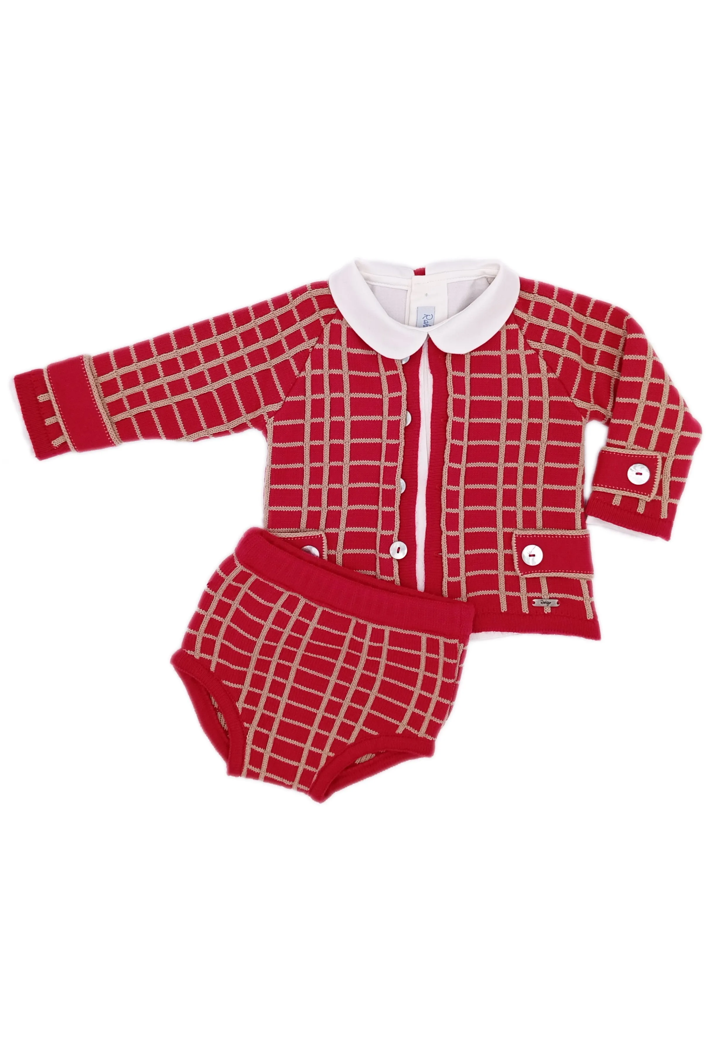 "Alexander" Red & Camel Check Knit Cardigan, Shirt & Jam Pants