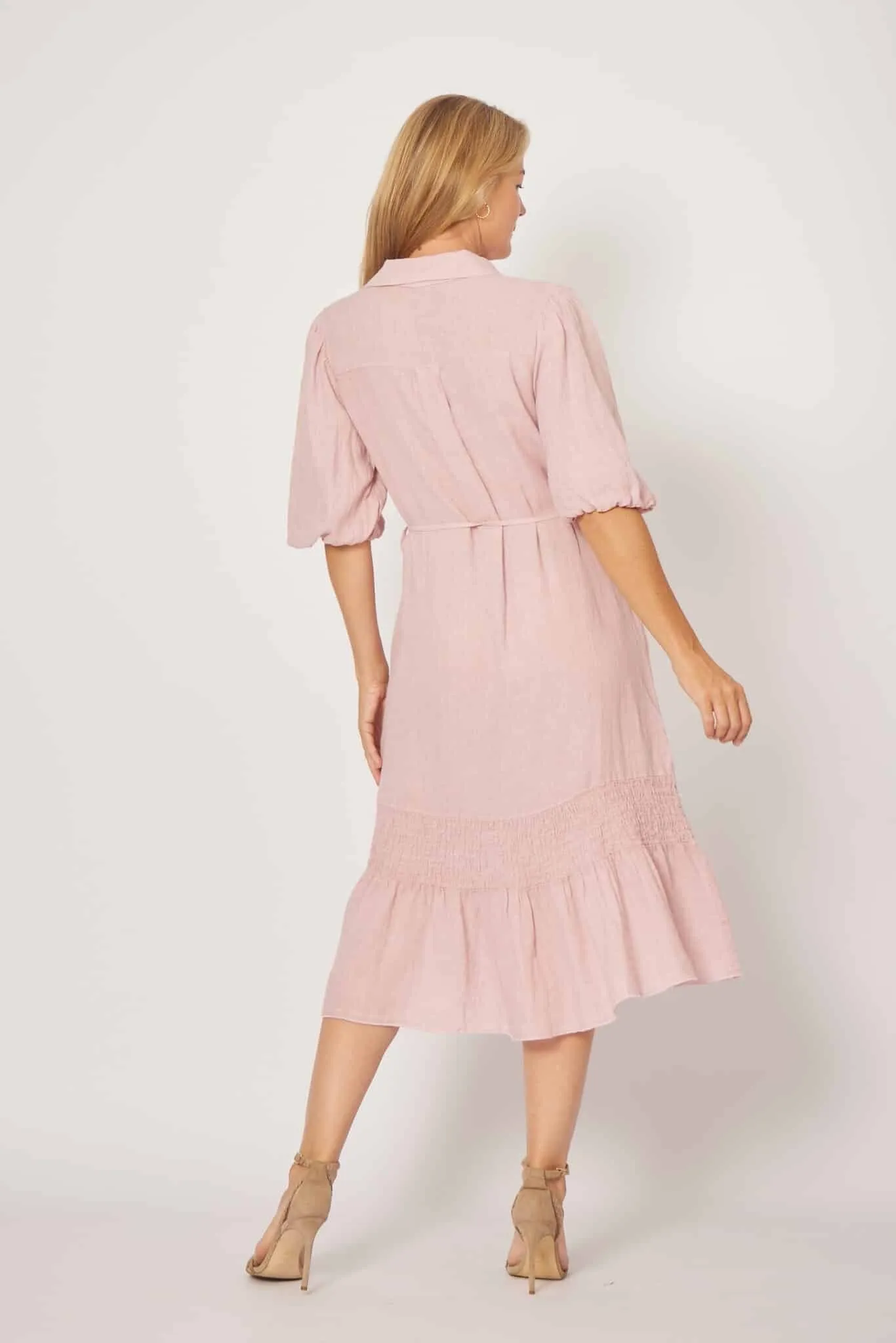 Rosa Linen Shirred Shirt Dress In Pale Pink