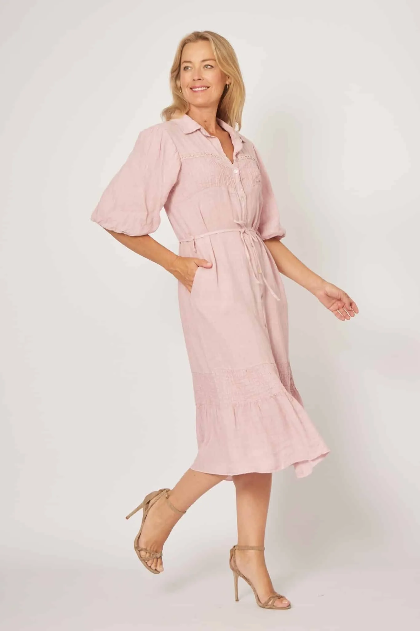 Rosa Linen Shirred Shirt Dress In Pale Pink