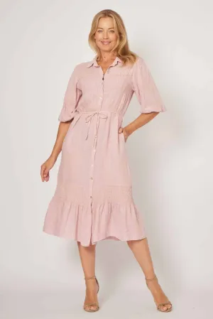 Rosa Linen Shirred Shirt Dress In Pale Pink