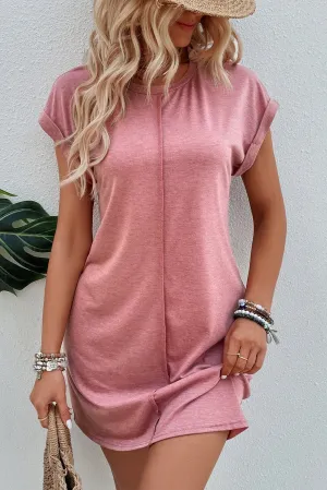 Rose Pink Center Seam Rolled Cuffs T-shirt Dress