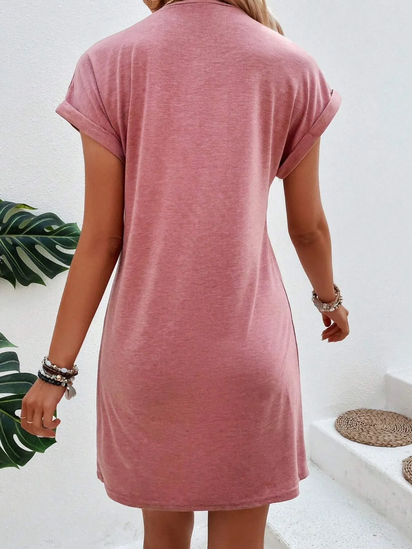 Rose Pink Center Seam Rolled Cuffs T-shirt Dress