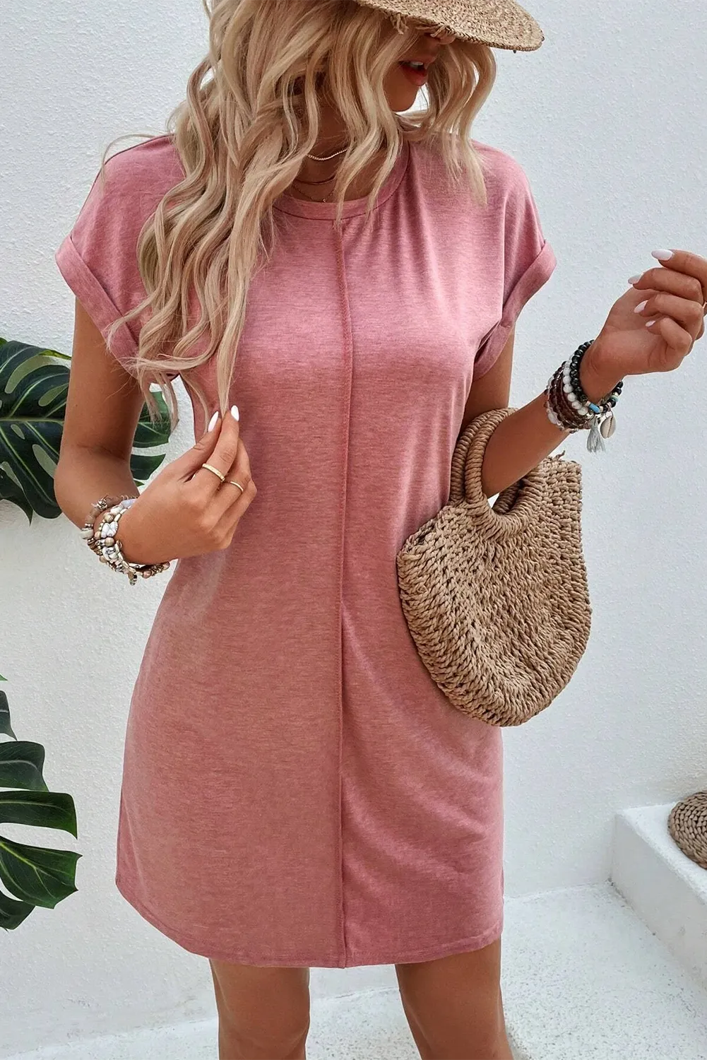 Rose Pink Center Seam Rolled Cuffs T-shirt Dress