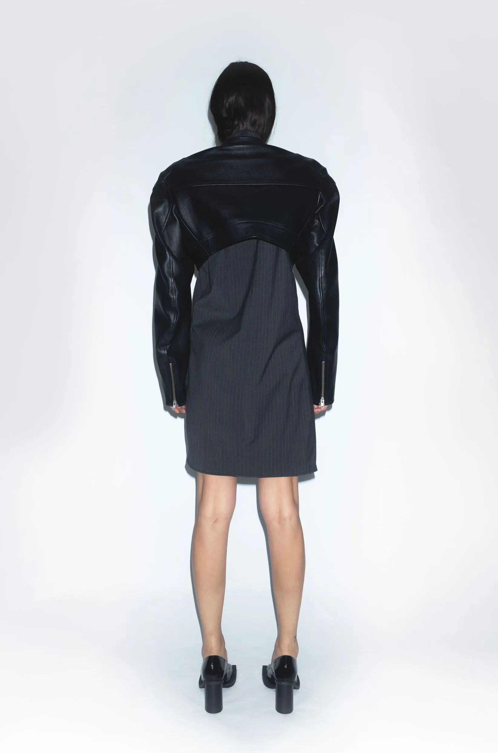 Runway Cropped Biker Leather Jacket in Black