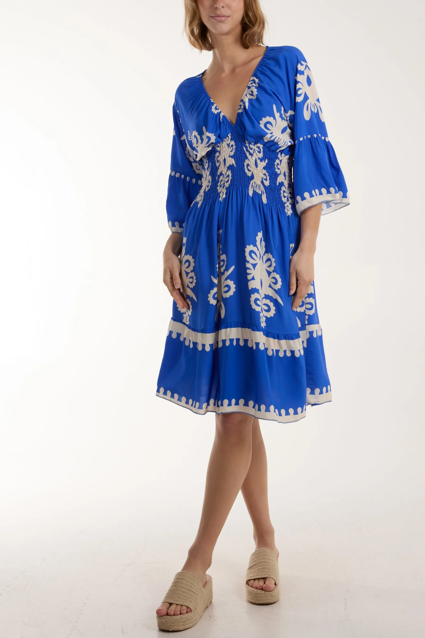 Shirred Bodice Printed Mini Dress