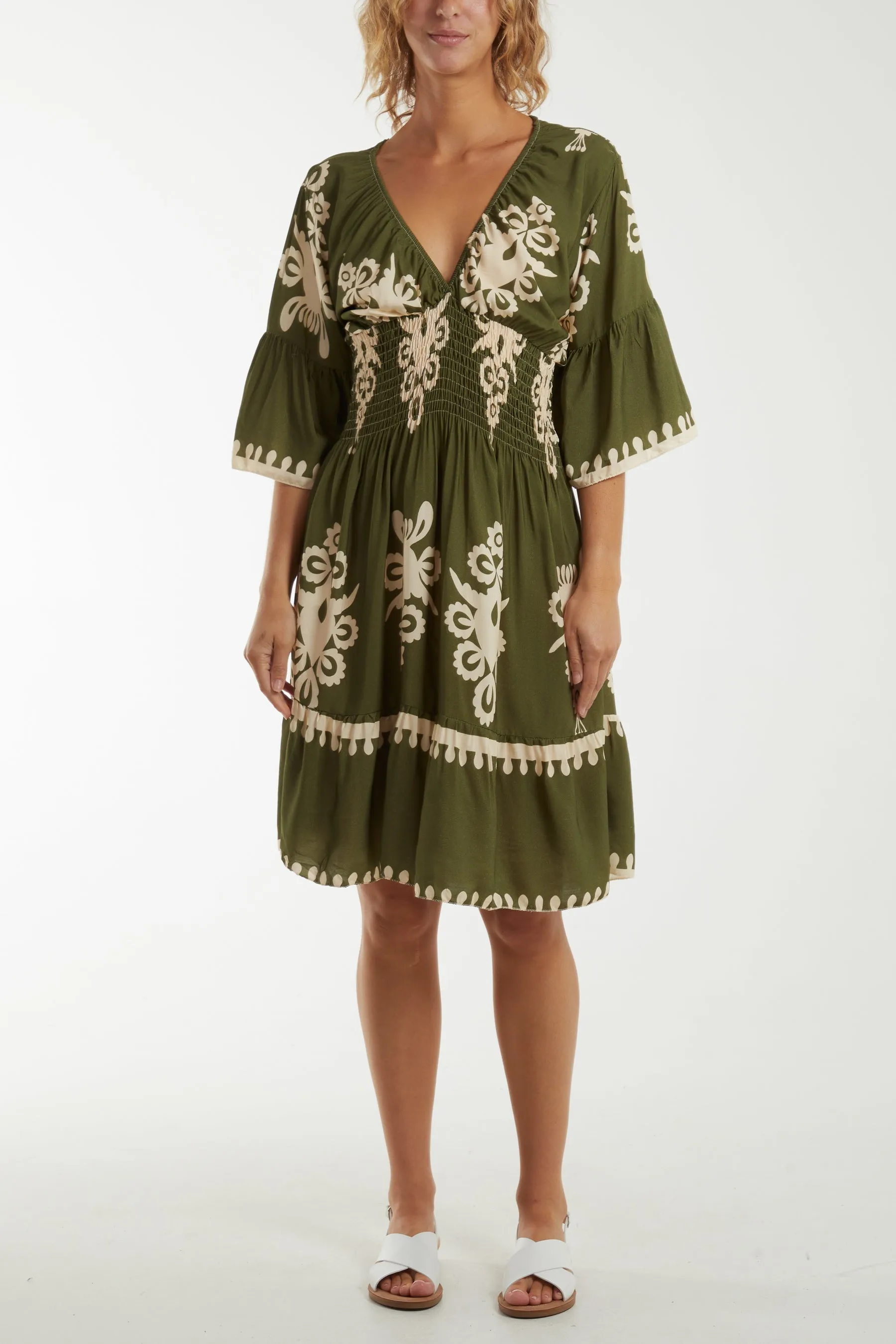 Shirred Bodice Printed Mini Dress