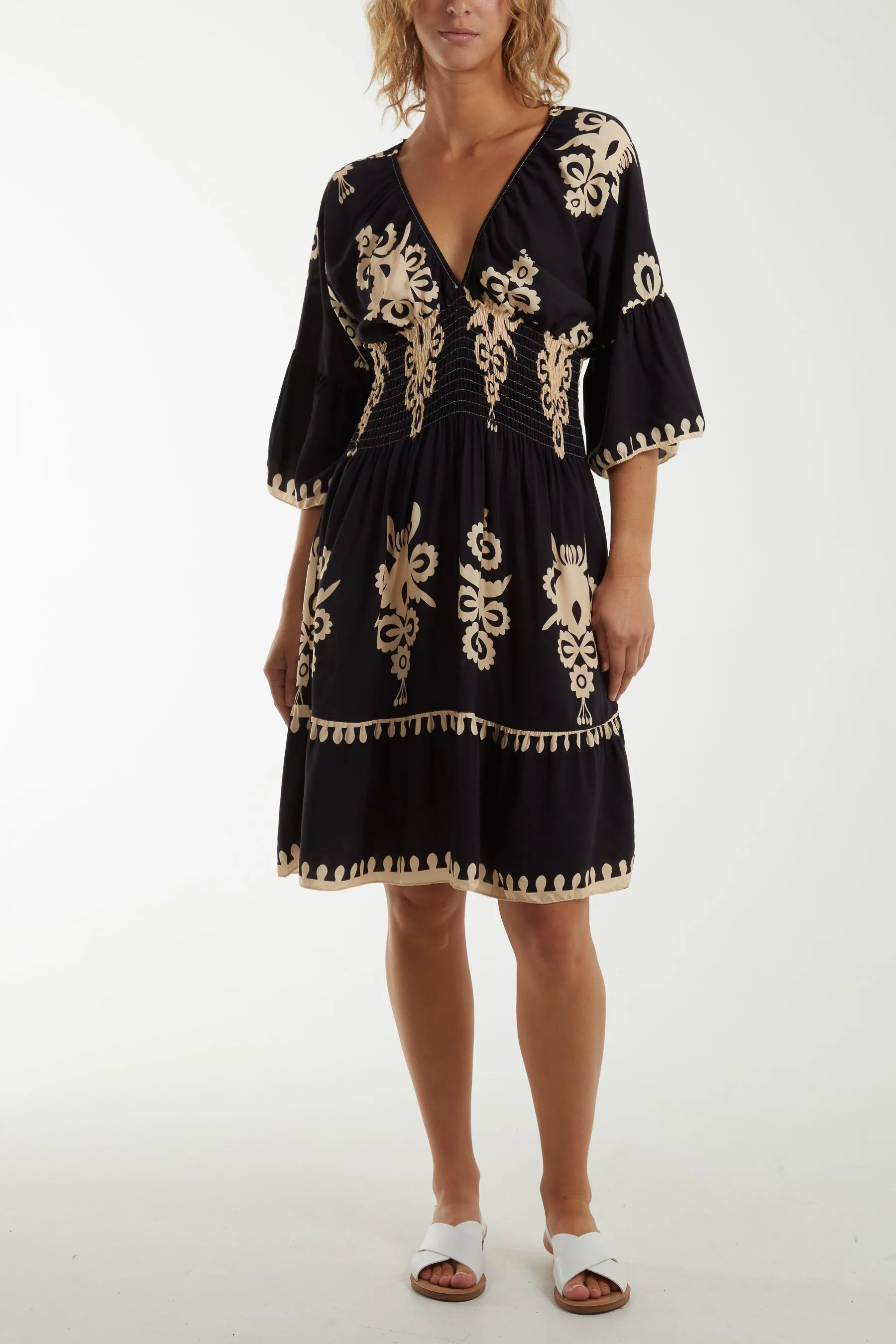 Shirred Bodice Printed Mini Dress
