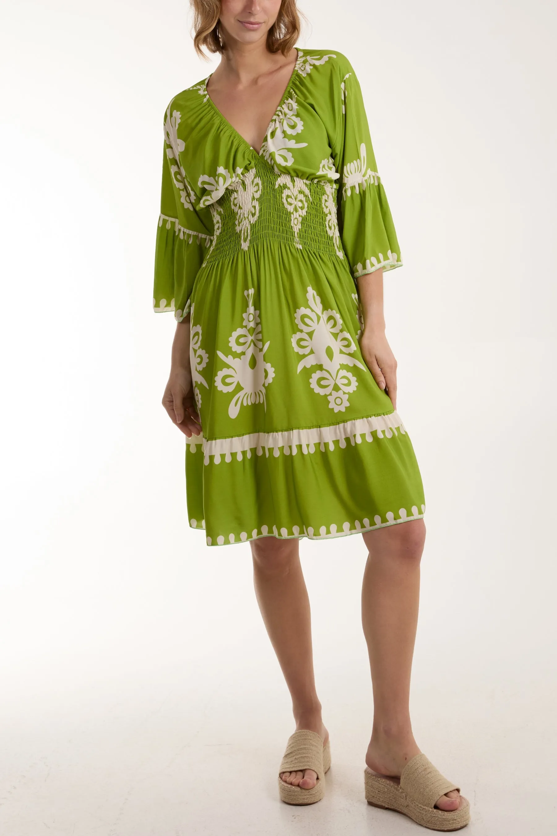 Shirred Bodice Printed Mini Dress