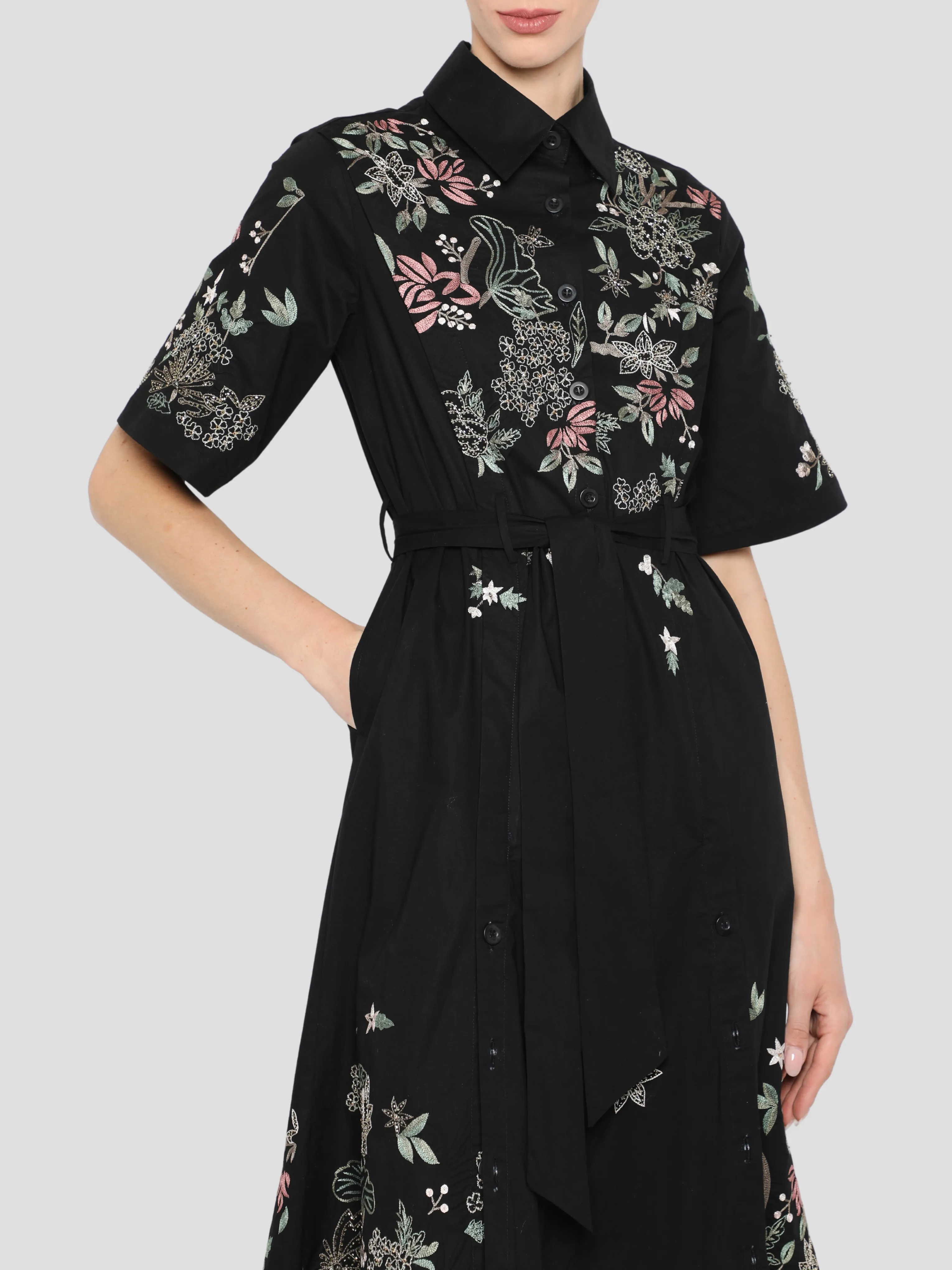 Short Sleeve Shirt Dress in Black Multi